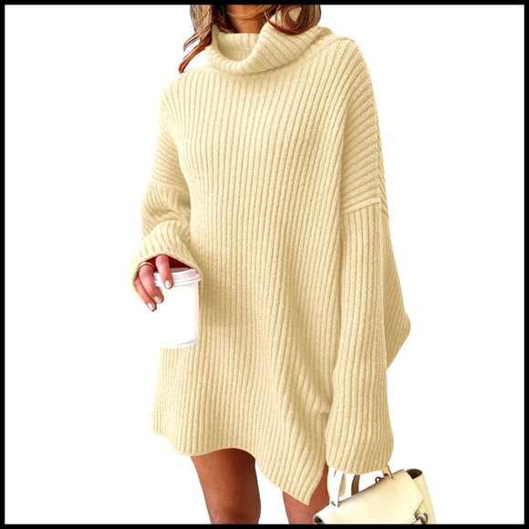 Sweaters - Plus Size Turtleneck Oversized Sweater Dress Winter Pullover Tunic